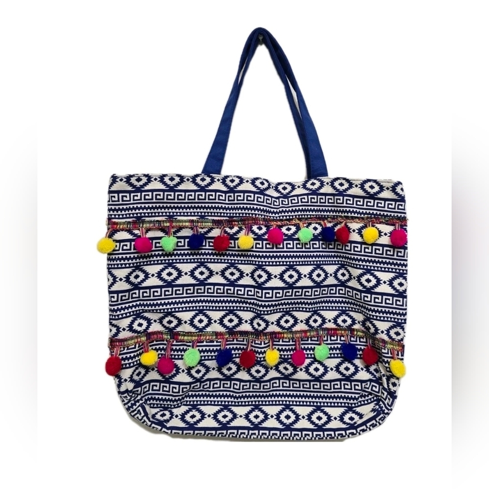 Reusable Tote Double Handles Zip‎ Top Geometric Print Blue White